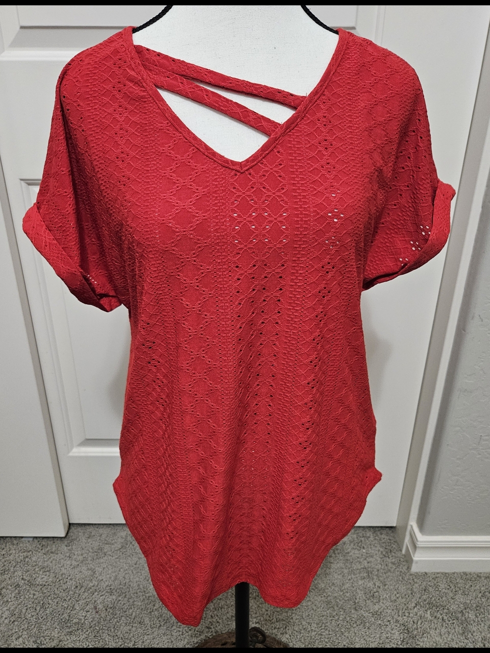 Emery Rose- Red V-Neck Lace Knit Tee with Crisscross Straps